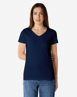 A navy Gildan Softstyle ladies' V-neck T-shirt displayed on a model, featuring a simple design and branding.