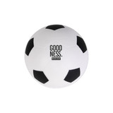 A white soccer ball stress reliever featuring black pentagon patches and a logo on one side.
