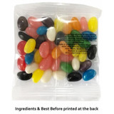 A transparent bag containing a mix of brightly coloured jelly beans in various shapes and sizes.