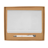 A white notebook and a silver pen are neatly packaged in a brown cardboard gift box.