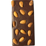 A chocolate bar featuring a dark brown coating with scattered whole almonds on top. It has a branded logo.
