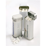 Three metal tins containing sugar-free lollies, featuring a silver finish and various brand labels, some spilled lollies visible.