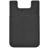 A sleek black phone wallet designed to attach to the back of a smartphone, featuring a pocket for holding cards or cash.