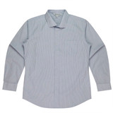 A long-sleeve button-up shirt in light blue and white stripes, featuring a chest pocket and a branded logo.