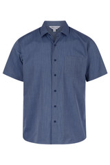 A short sleeve, button-up men's shirt in a deep blue colour with a chest pocket and a branded tag.