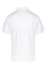 A white polo shirt with a classic collar and short sleeves. The back view features a simple design and a logo.