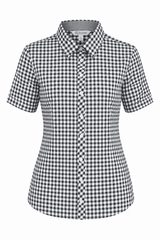 A short-sleeve button-up shirt in a black and white gingham pattern with a collar and a logo.