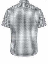A short-sleeve button-up shirt featuring a black and white checkered pattern, with a collar and a logo.