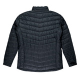 A black jacket with a chevron pattern, featuring a high collar and long sleeves. It has a logo on the back.