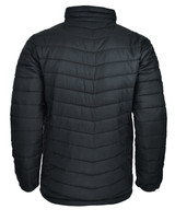 A black puffer jacket with a quilted design, featuring a high collar and no visible branding on the back.