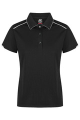 A black polo shirt with a collared neckline, featuring contrasting edging and a logo.
