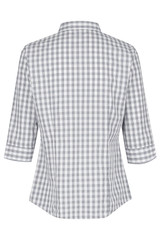 A 3/4 sleeve button-up shirt in a grey and white checkered pattern, featuring a collar and a logo.