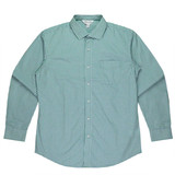 A long-sleeve button-up shirt featuring a green and white checked pattern, with a collar and a chest pocket.