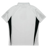 A white polo shirt with black side panels and a collar. It features branding on the fabric.
