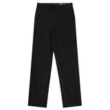 Flat front men's slacks in black, featuring a waistband with a logo and side pockets.