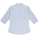 A light blue and white striped button-up shirt with 3/4 sleeves and a collar. The shirt features a logo.