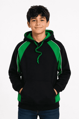 A black hoodie with green accents featuring a kangaroo pocket and drawstring hood, modelled by a young boy.