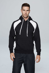 A black hoodie featuring white accents, with a drawstring hood, worn by a male model. The design includes a logo.