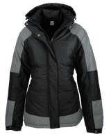 A black and grey jacket with a hood and a zip front, featuring a logo on the chest.