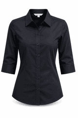A button-up shirt with 3/4 sleeves in a solid dark navy colour. It features a collar and a logo.