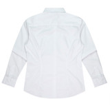 A long-sleeve white button-up shirt with a stylish back design and cuffs, featuring a logo.