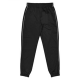 Black pants with a relaxed fit, featuring elastic cuffs and a contrasting side trim. Includes a logo on the waistband.