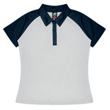 A polo shirt featuring a light grey front and navy blue sleeves, with a collar and button placket.