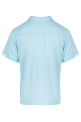 A light blue polo shirt with a collar and short sleeves, featuring a logo on the back.