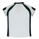 A white polo shirt with black detailing and a logo on the back. Short sleeves and a classic collar design.