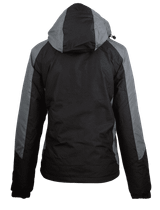 A black and grey jacket with a hood and a logo on the back. Suitable for various outdoor activities.