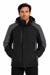 A black and grey men's jacket with a hood and zippered pockets, featuring a branding logo.