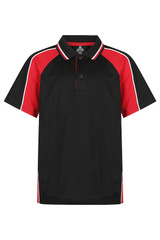 A black and red polo shirt with a button-up collar and contrasting side stripes, featuring a logo.