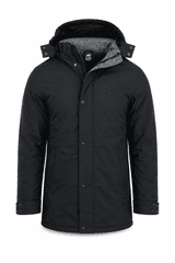 A black jacket with a hood and grey lining, featuring buttons and a logo on the chest.