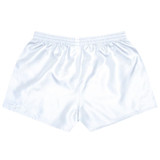 A pair of white sports shorts with an elastic waistband and a smooth finish, featuring a logo.