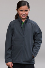 A girls' soft shell jacket in grey, featuring a zip front and a close-fitting collar, with a logo on the chest.