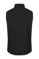 A black sleeveless vest featuring a collar and a smooth texture. The vest has a logo on the back.