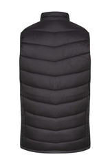 A black puffer vest with a high collar and quilted design, featuring a branding logo.