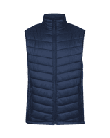 A navy blue men's vest features a quilted design, raised collar, and zippered pockets, with a logo present.