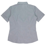 A short sleeve button-up shirt in a black and white check pattern, featuring a collar and a fitted design.