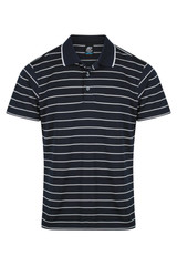 A navy blue and white striped polo shirt with a collar and two-button placket. It features branding on the fabric.