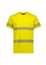 A bright yellow cotton tee shirt with segmented reflective tape across the chest and sleeves, featuring a logo.