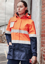 A women's hi-vis ultralite waterproof jacket in orange and navy, featuring reflective stripes and a hood.