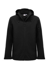 A black rain jacket with a hood, featuring a zip front and side pockets, showcasing a simple design and a logo.