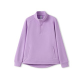 A lilac women's polar fleece half zip top with long sleeves and a high collar. It features a branding logo.