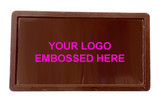 An embossed chocolate in a rectangular shape, featuring a brown colour and a space for a logo.
