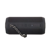 A black Bluetooth speaker with a textured surface and buttons, featuring a looped strap for easy carrying.
