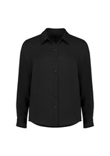 A black long sleeve shirt with a collared neckline and button-down front. It features long sleeves and a relaxed fit.