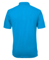 A bright blue polo shirt featuring a collar and short sleeves, with a plain back and a small logo at the neck.