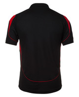 A black polo shirt with red accents and a logo on the back.