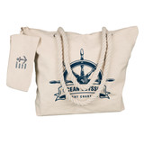 A cream-colored tote bag with blue nautical-themed design and rope handles, featuring a detachable pouch.